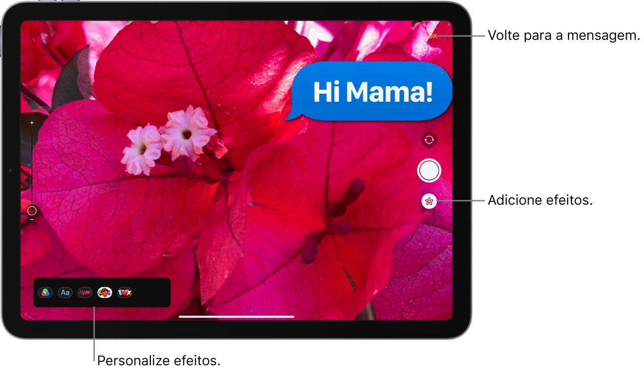 Edição de fotos no app Mensagens. Opções para aplicação de diversos efeitos aparecem no canto inferior direito da foto.