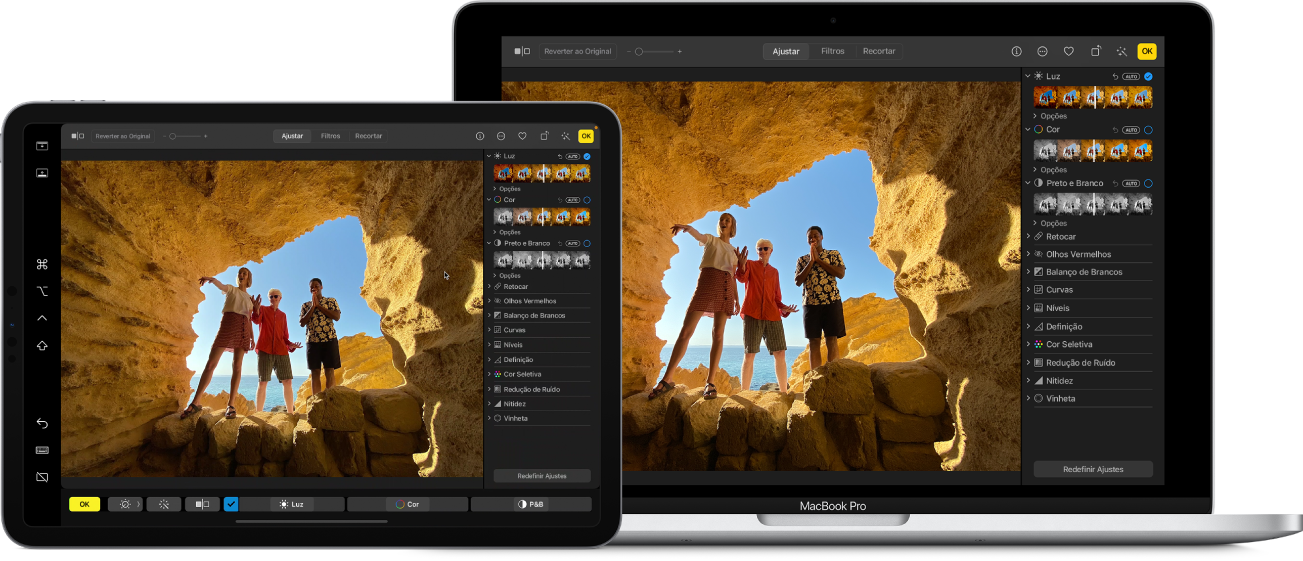 Tela do Mac ao lado da tela do iPad. As duas telas mostram uma janela de um aplicativo de edição de fotos.