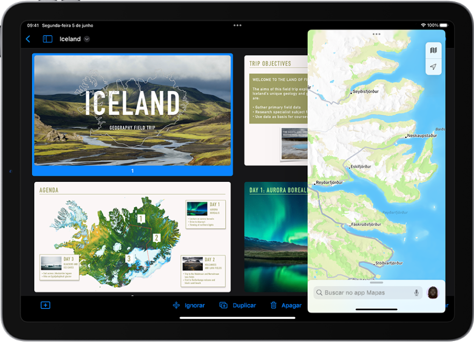 O app Keynote preenche a tela. O app Mapas está aberto em uma janela em Slide Over no lado direito da tela.