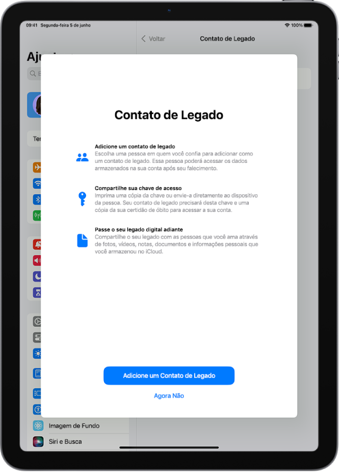 A tela de Contato de Legado com informações sobre esse recurso. O botão Adicionar Contato de Legado está na parte inferior.