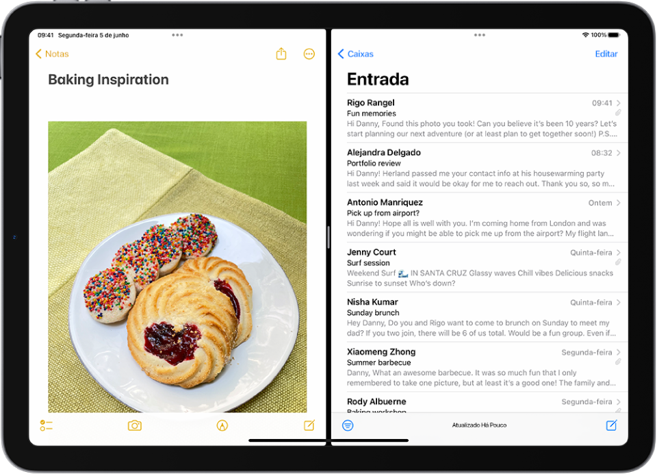 O app Notas está aberto no lado esquerdo da tela e o Mail está aberto no lado direito. Entre os apps, há um divisor ajustável, usado para redimensionar a divisão.