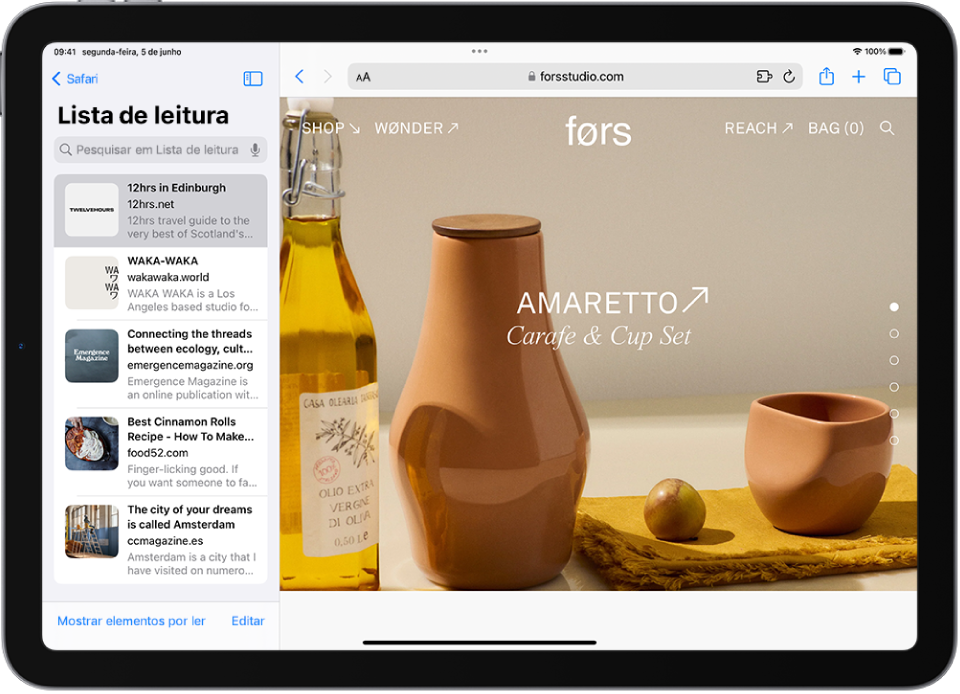 No Safari, a lista de leitura está aberta na barra lateral no lado esquerdo, e apresenta uma lista de sites guardados na lista de leitura.