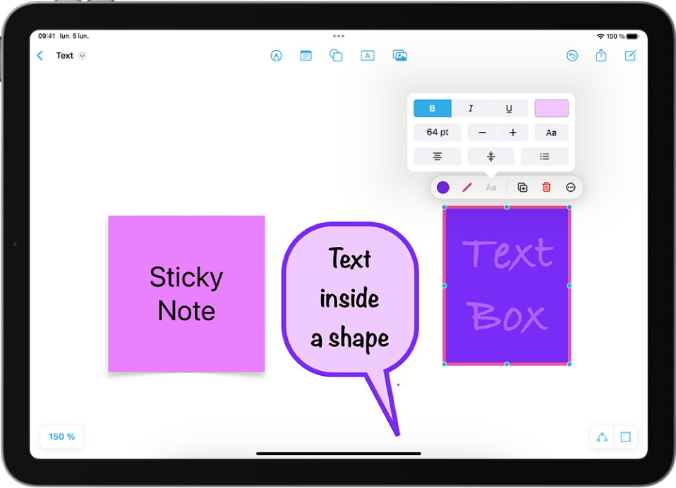 Un panou Freeform afișând o casetă de text selectată și instrumentele de formatare a textului deasupra.
