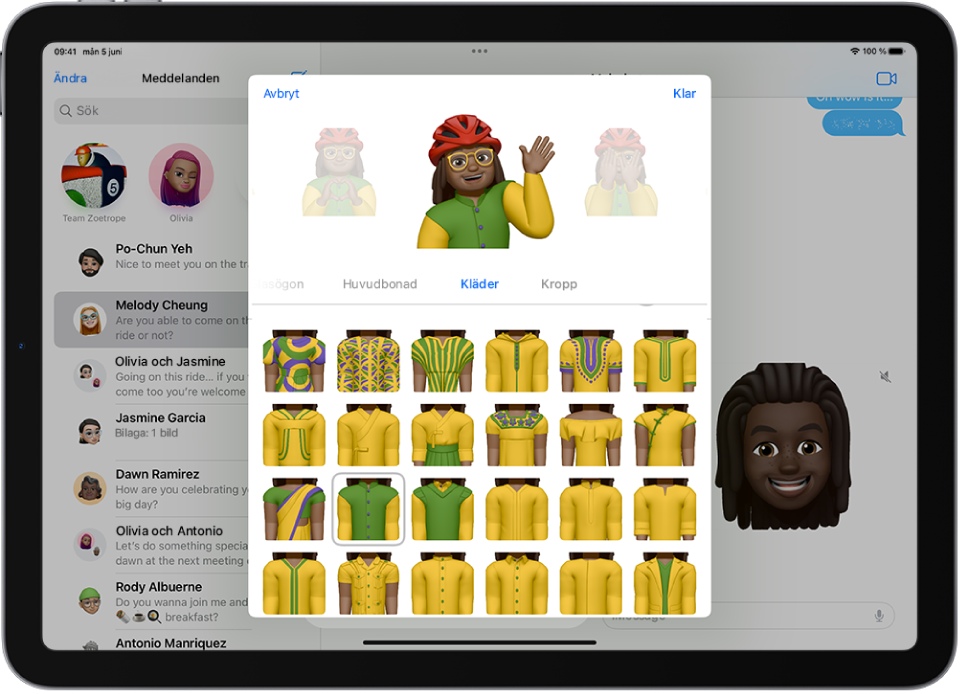 Memoji-skärmen visar en figur som skapas i mitten, funktioner som kan anpassas nedanför figuren och under dem alternativ för att välja egenskaper. Knappen Klar finns högst upp till höger och knappen Avbryt högst upp till vänster.