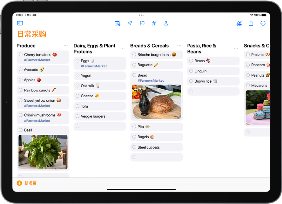“提醒事项”中的日常采购清单，带有按栏整理的类别。“新项目”按钮位于左下方。