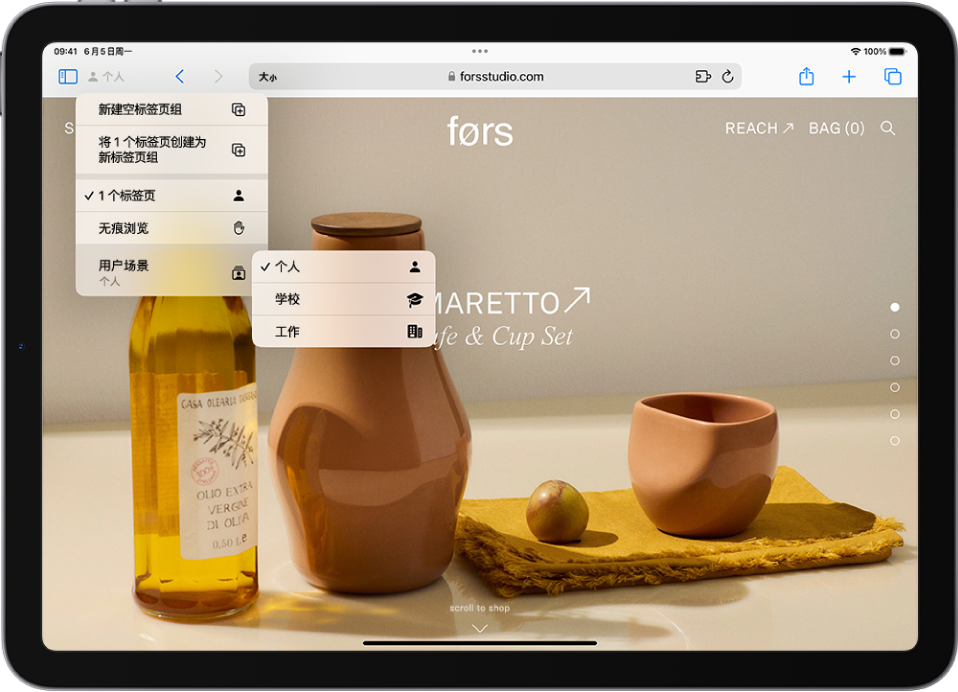 在 Safari 浏览器中，搜索栏左侧的“标签页组”菜单已打开。菜单底部的“用户场景”已选中，另一个菜单显示“个人”、“学校”和“工作”选项。