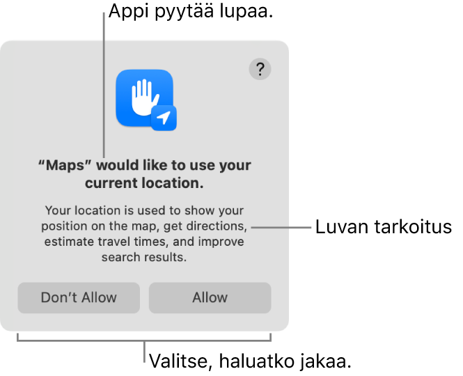 Kartat-appi pyytää lupaa käyttää sijaintiasi.