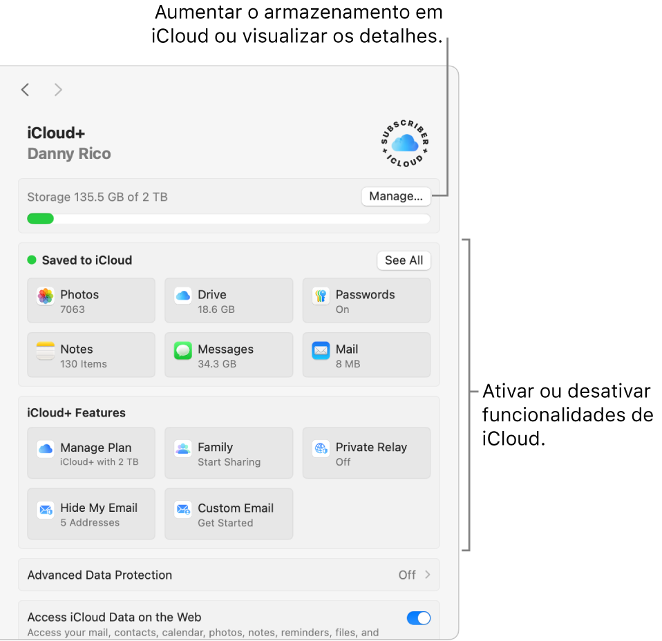 As definições de iCloud com todas as funcionalidades ativadas.