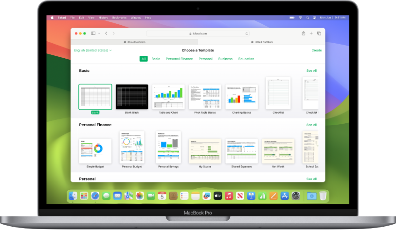 The template chooser is open and shows a range of sample spreadsheets to choose from.