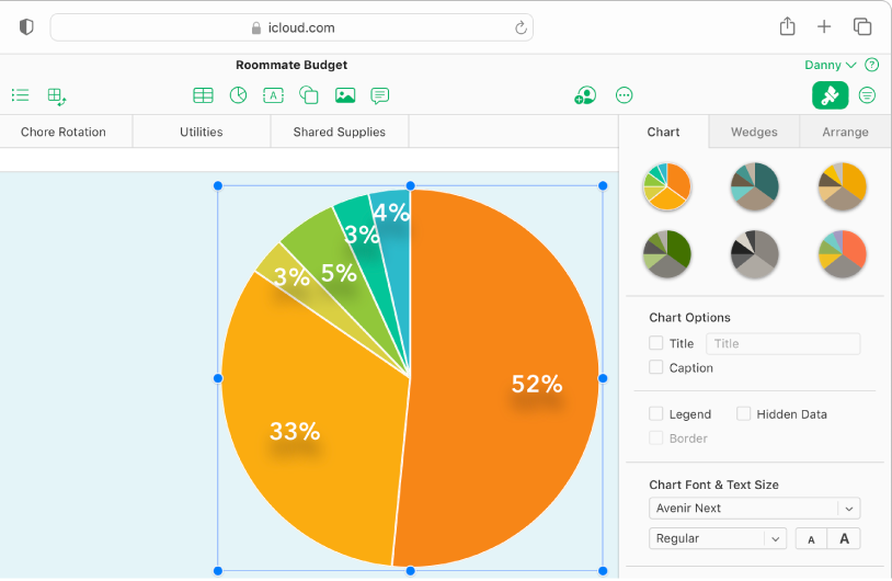 A pie chart with percentages in each section is selected; the Chart tab of the Format sidebar is open and shows options for changing the style, text font, and more.