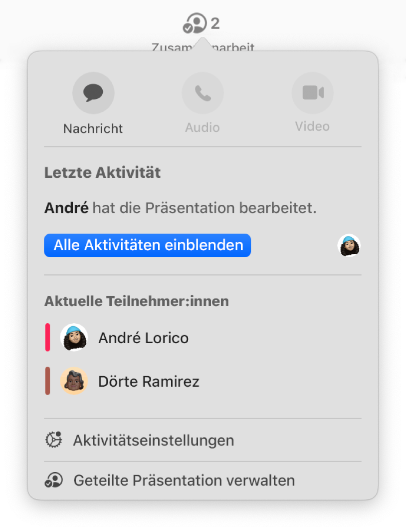 Das Menü für die Zusammenarbeit mit den Namen von Personen, die gemeinsam eine Präsentation bearbeiten.