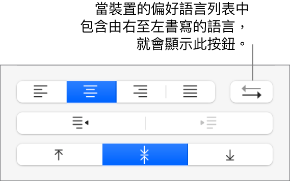 「格式」側邊欄「對齊方式」區域中的「段落方向」按鈕。