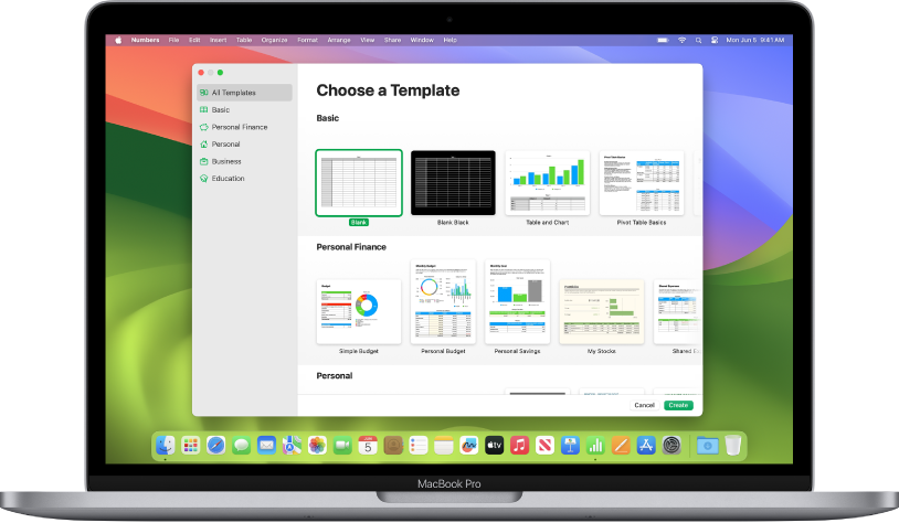 A MacBook Pro with the Numbers template chooser open on the screen. The All Templates category is selected on the left and predesigned templates appear on the right in rows by category.