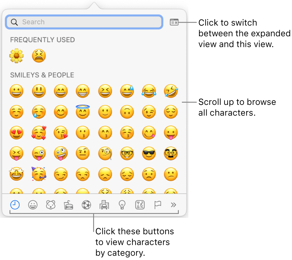 The Special Characters pop-up showing emoticons, buttons for different types of symbols at the bottom, and a callout to a button to show the full Characters window.