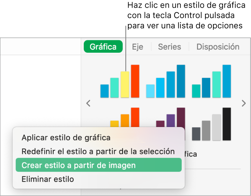 El menú de función rápida de estilo de gráfica.