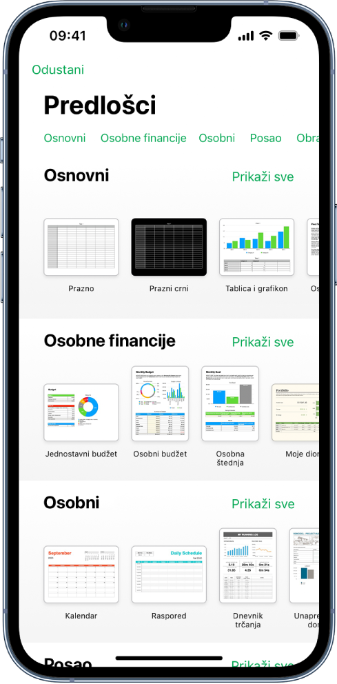 Izbornik predložaka s prikazom retka kategorija preko vrha na koje možete dodirnuti za filtriranje opcija. Ispod su minijature postojećih predložaka organizirane u recima prema kategoriji počevši s kategorijom Nedavne stavke pri vrhu, a zatim slijede kategorije Osnovno i Osobne financije. Tipka Prikaži sve pojavljuje se poviše s desne strane svakog retka kategorije. Tipka za jezik i regiju nalazi se u gornjem desnom kutu.