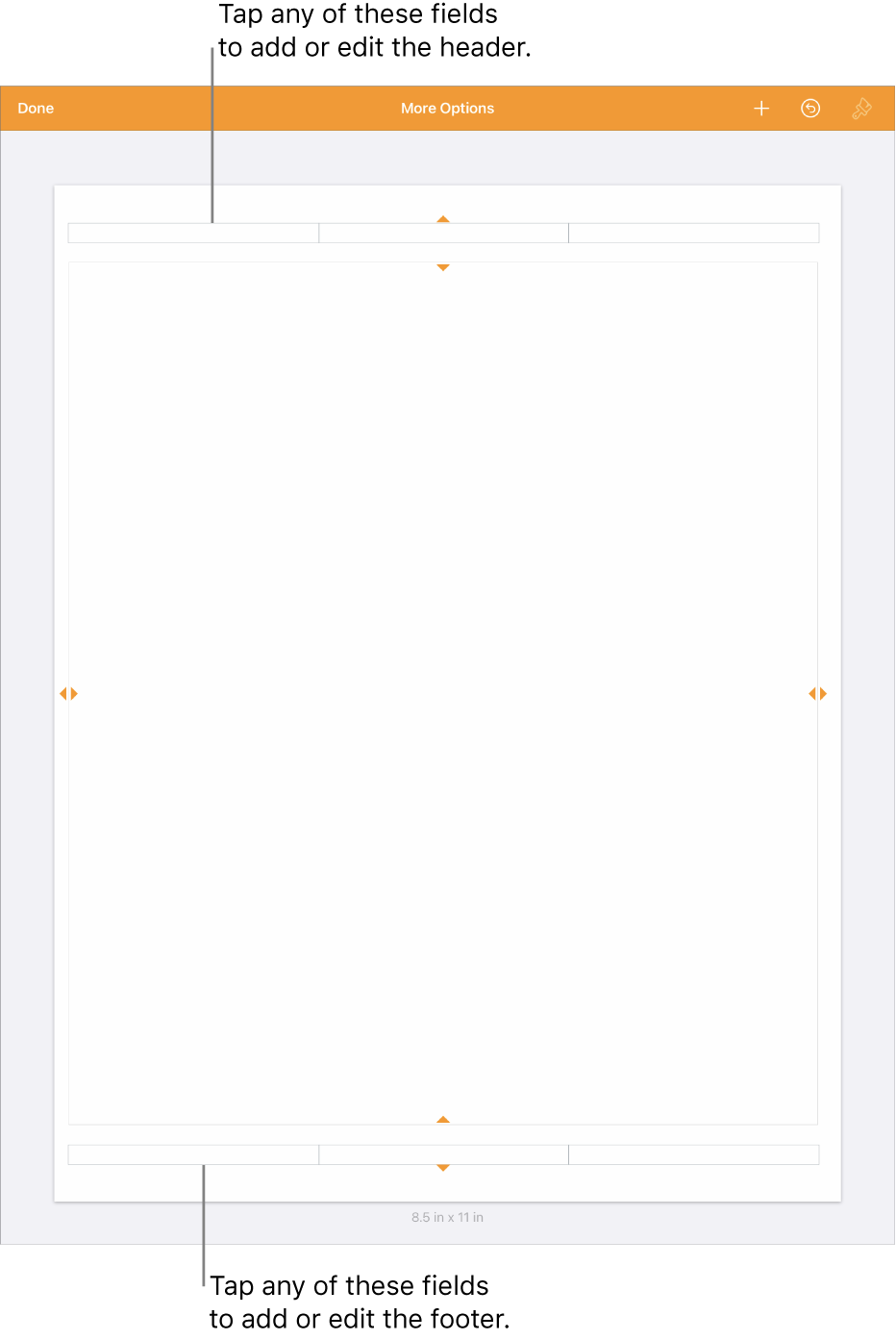 The More Options view with three fields at the top of the document for headers and three fields at the bottom for footers.