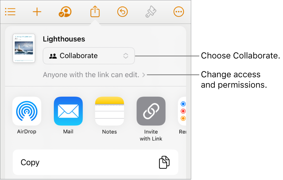 The Share menu with Collaborate selected at the top, and access and permission settings underneath.