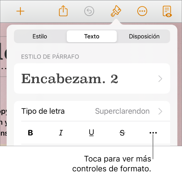 La pestaña Texto de los controles de formato, con una llamada al botón “Más opciones de texto”.