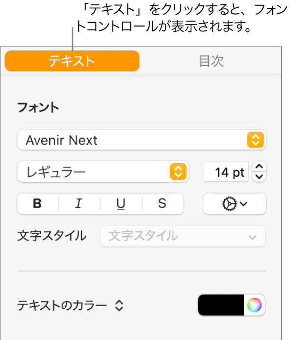 「フォーマット」サイドバー。「テキスト」タブが選択され、フォントやフォントサイズを変更したり、文字スタイルを追加したりするためのフォントコントロールが表示された状態。