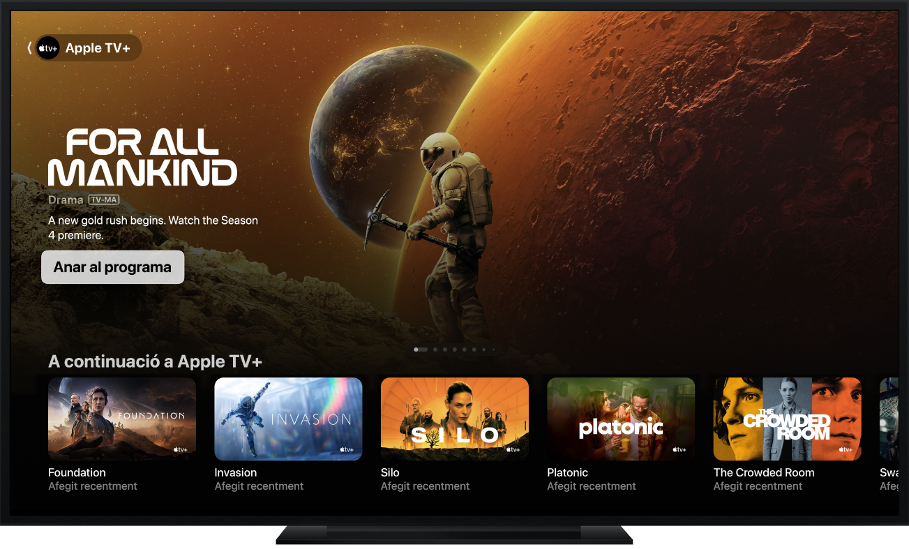 Un Apple TV en el qual es mostra l’app Apple TV