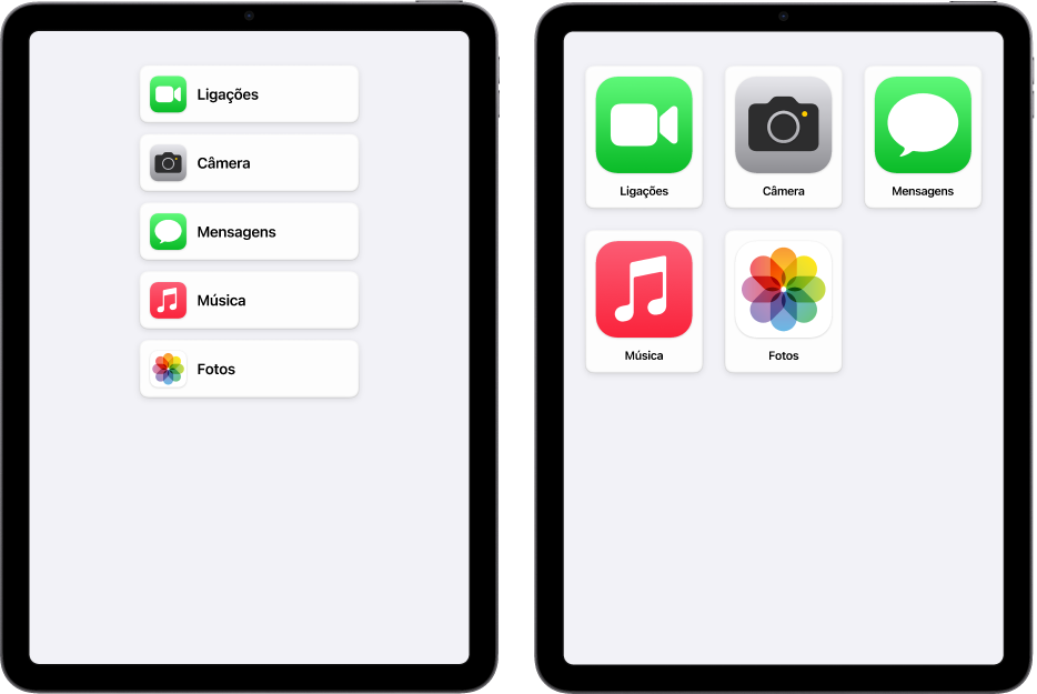 Duas telas de iPad no Acesso Assistivo. Um mostra a Tela de Início com os apps listados em linhas. O outro mostra ícones maiores de apps organizados em grade.