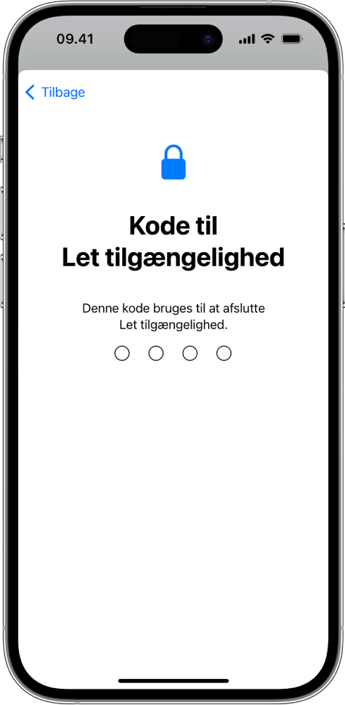 En iPhone, der viser skærmen til indstilling af koden til Let tilgængelighed, der bruges, når Let tilgængelighed startes og sluttes.