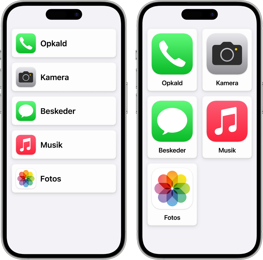 To iPhone-skærme i Let tilgængelighed. En viser hjemmeskærmen med apps, der vises på en række. Den anden viser store apps, der er organiseret i et net.