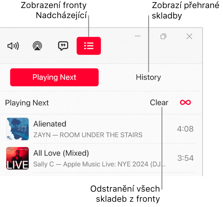 Pravý horní roh okna aplikace Apple Music s tlačítkem Nadcházející nad frontou Nadcházející. Napravo od tlačítka Nadcházející se zobrazuje tlačítko Historie. Výběrem tlačítka Historie zobrazíte seznam naposledy přehraných skladeb. Pod tlačítkem Historie se nachází odkaz Smazat. Kliknutím na tento odkaz odstraníte z fronty všechny skladby.