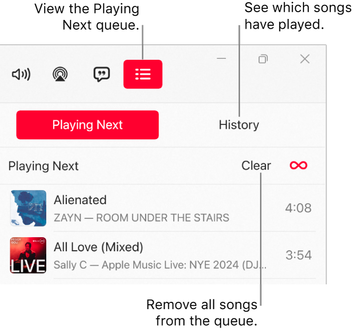 The top-right corner of the Apple Music window with the Playing Next button at the top of the Playing Next queue. The History button is to the right of the Playing Next button. Select the History button to see the previously played songs. The Clear link is below the History button. Select the Clear link to remove all songs from the queue.