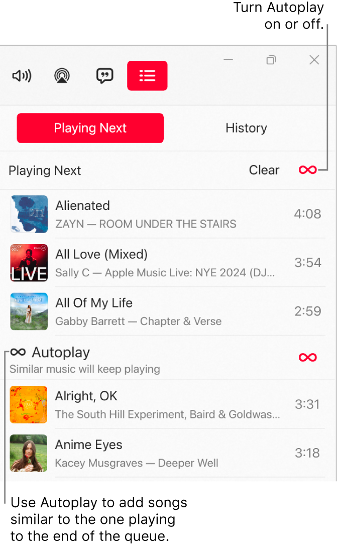 The Playing Next queue, showing a list of upcoming songs and the Autoplay icon to the right. Select the Autoplay icon to turn it on or off. When Autoplay is on, similar songs are added to the end of the queue.