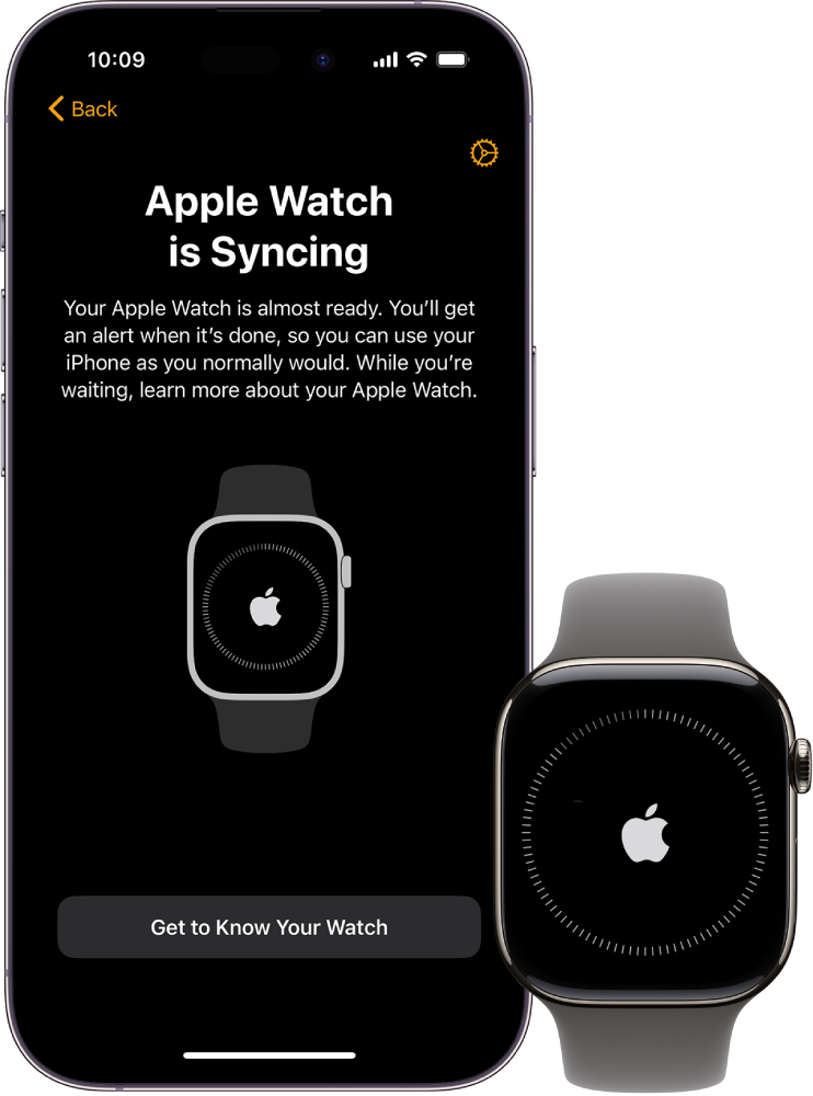 Ένα iPhone, ένα Apple Watch και οι οθόνες συγχρονισμού τους.