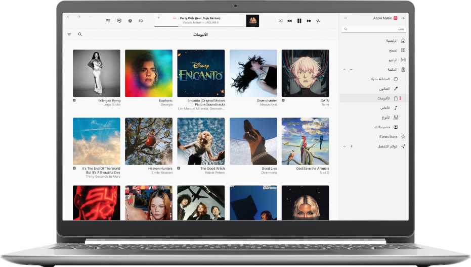 نافذة Apple Music بها مكتبة تضم عدة ألبومات.