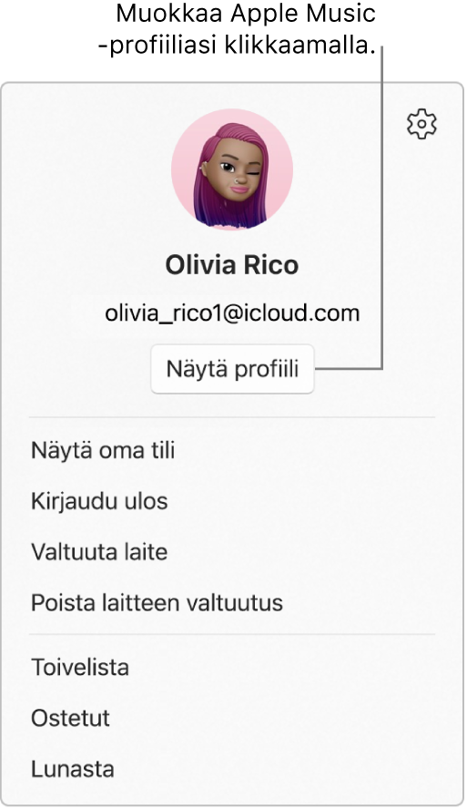 Profiilivalikko, joka näkyy, kun valitset nimesi sivupalkin alareunassa. Ylhäällä ovat käyttäjän kuva ja Apple ID. Apple ID:n alla on Näytä profiili ‑painike. Valikossa ovat muun muassa valinnat Näytä oma tili, Valtuuta laite ja Toivelista.