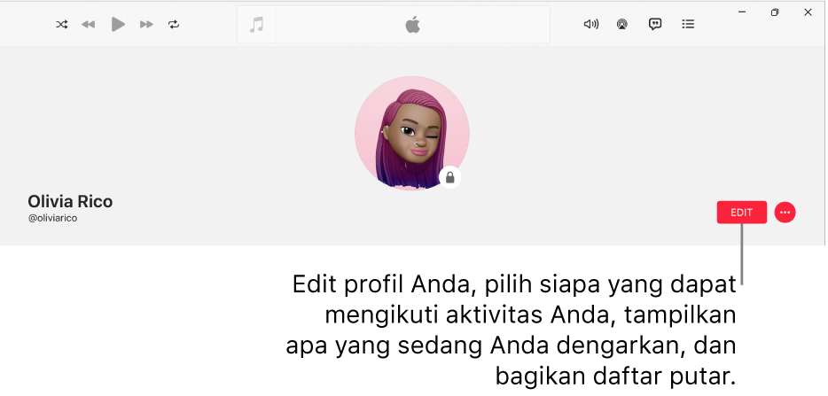 Halaman profil di Apple Music: di sisi kanan jendela, terdapat tombol Edit, yang dapat Anda pilih untuk mengedit profil Anda, memilih siapa yang dapat mengikuti aktivitas Anda, menampilkan apa yang Anda dengarkan, dan berbagi daftar putar.