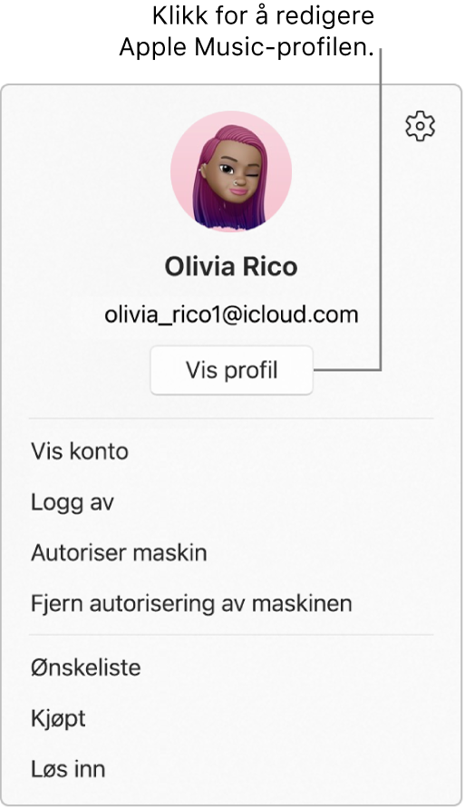 Profilmenyen som vises når du velger navnet ditt nederst i sidepanelet. Brukerbildet og Apple-ID-en er øverst. Vis profil-knappen er under Apple-ID-en. Menyvalgene inkluderer Vis konto, Autoriser maskin og Ønskeliste.