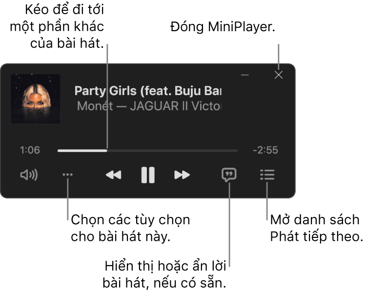 MiniPlayer đang hiển thị các điều khiển cho bài hát đang phát. Phần chính của cửa sổ hiển thị hình minh họa album cho bài hát. Bên dưới hình minh hoạt là một thanh trượt để di chuyển sang một phần khác của bài hát và các nút để điều chỉnh âm lượng, chọn các tùy chọn, hiển thị lời bài hát và xem bài hát nào sẽ phát tiếp theo. Ở góc trên cùng bên phải là một nút để đóng MiniPlayer.