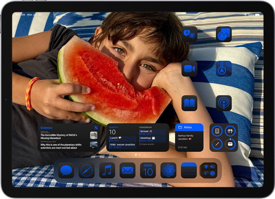 The iPad Home Screen. Apps appear in the same color at the bottom and side edges of the screen, and complement the color in the wallpaper photo.