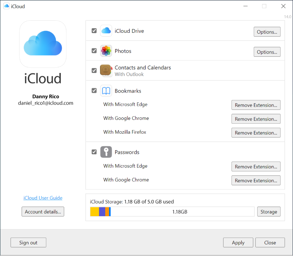 iCloud für Windows mit Kontrollkästchen neben den iCloud-Funktionen.