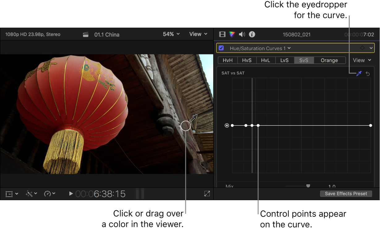 The eyedropper positioned over a color in the viewer, and the Color inspector showing control points on the Sat vs Sat curve