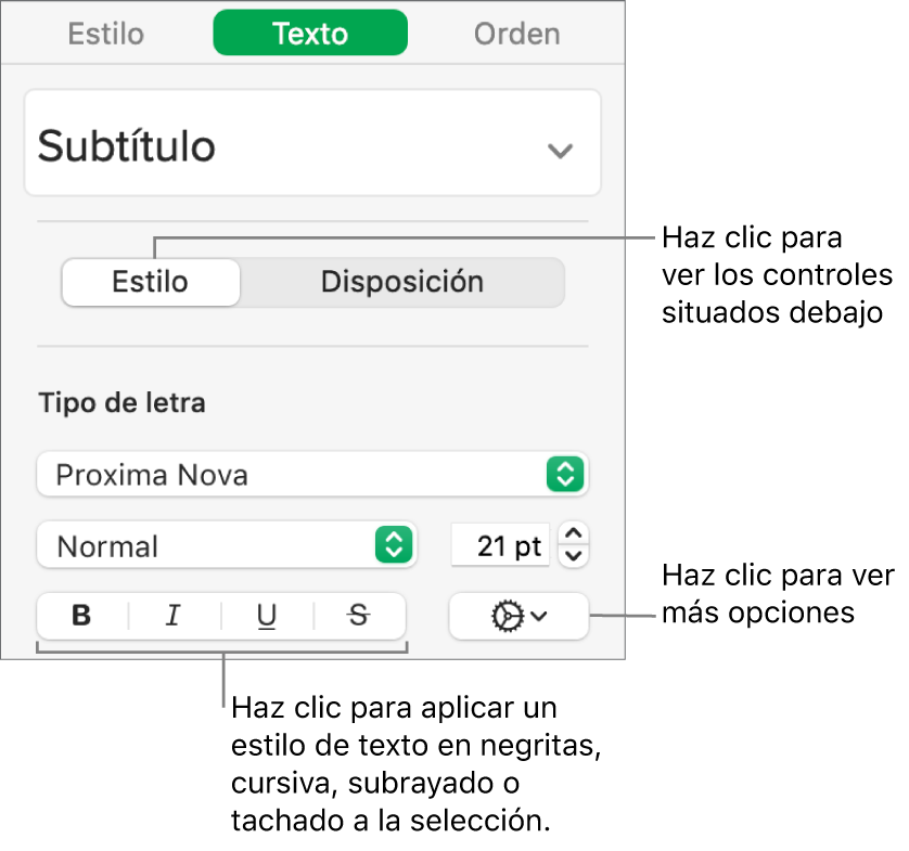 Los controles de estilo de la barra lateral con texto que indica los botones Negrita, Cursiva, Subrayado y Tachado.