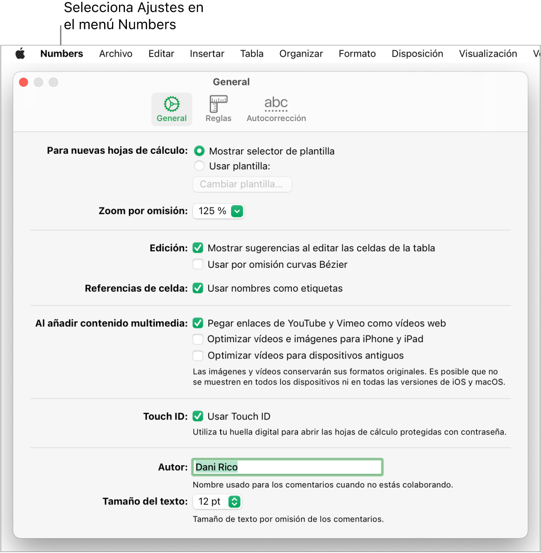 La ventana de ajustes de Numbers abierta en el panel General, con los ajustes para las nuevas hojas de cálculo, el zoom por omisión, la edición, las referencias a celdas, las ecuaciones, la adición de contenido multimedia, Touch ID, el nombre de autor y el tamaño de texto por omisión.