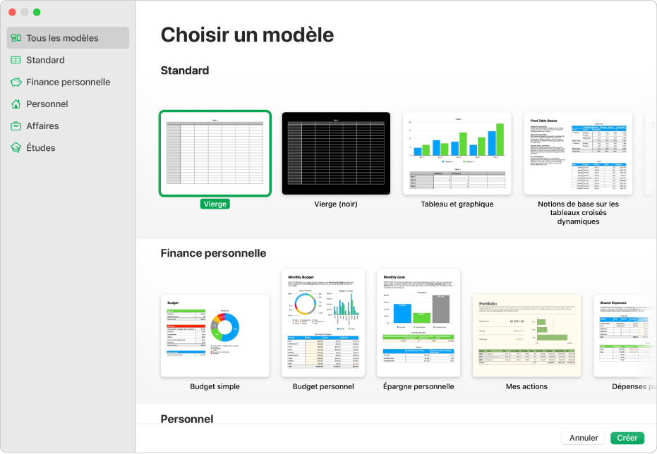 Liste de modèles. La barre latérale située à gauche présente des catégories de modèle sur lesquelles vous pouvez cliquer pour filtrer les options. Sur la droite se trouvent des vignettes de modèles préconçus, disposés en rangées par catégories.