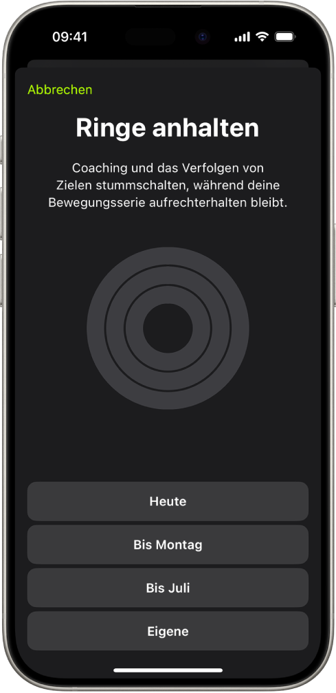 Der Bildschirm „Ringe anhalten“ in der App „Fitness“ mit Optionen zum Anhalten der Aktivitätsringe.