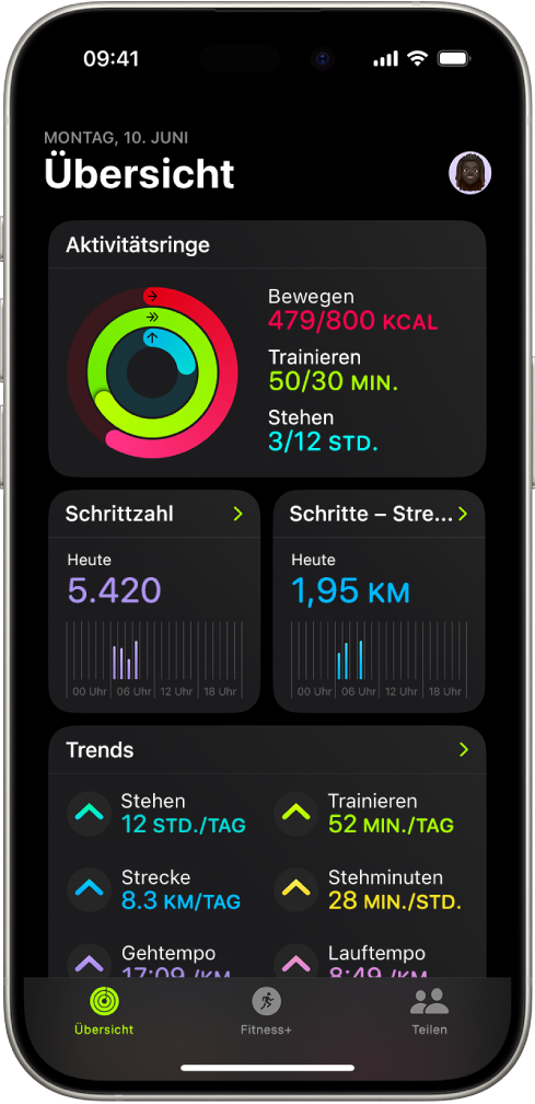 Der Bildschirm „Übersicht“ in der App „Fitness“ mit den Aktivitätsringen und den Bereichen „Schritte“, „Strecke“ und „Trends“.