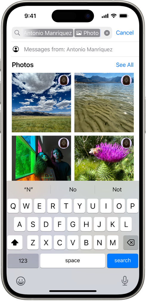 Il campo di ricerca nell’app Messaggi. Il campo contiene un tag che limita la ricerca alle foto inviate da una persona.