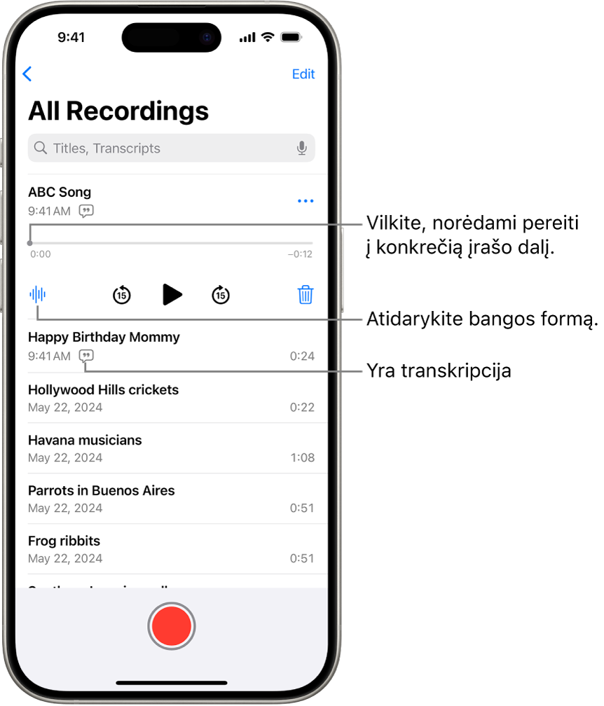 „Balso pastabos“ sąrašo ekranas su viršuje rodomu pasirinktu įrašu. Įrašymo laiko juostoje yra grojimo žyma, kurią galite nutempti į konkrečią įrašo vietą. Leidimo valdikliai yra po laiko juosta.