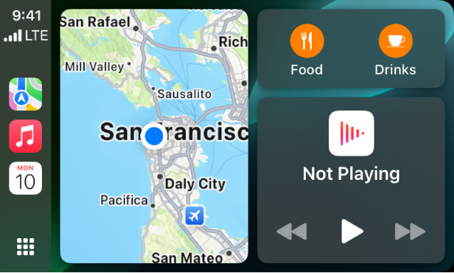 CarPlay Dashboard, kurā redzami šādi vienumi: Maps, Music un Messages, kas izvietoti Sidebar. Pa labi atrodas Apple parka karte, navigācijas logs un pašlaik atskaņotā satura logs.