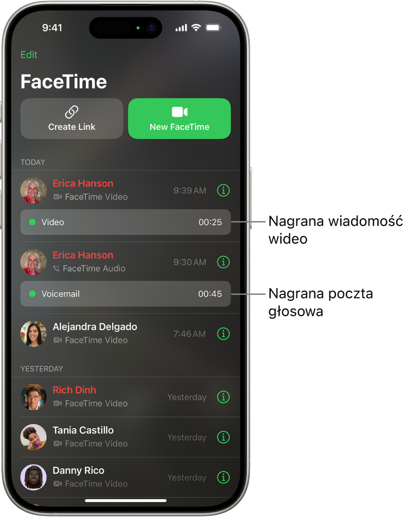 Historia połączeń FaceTime z łączami do nagranej wiadomości wideo oraz wiadomości głosowej.