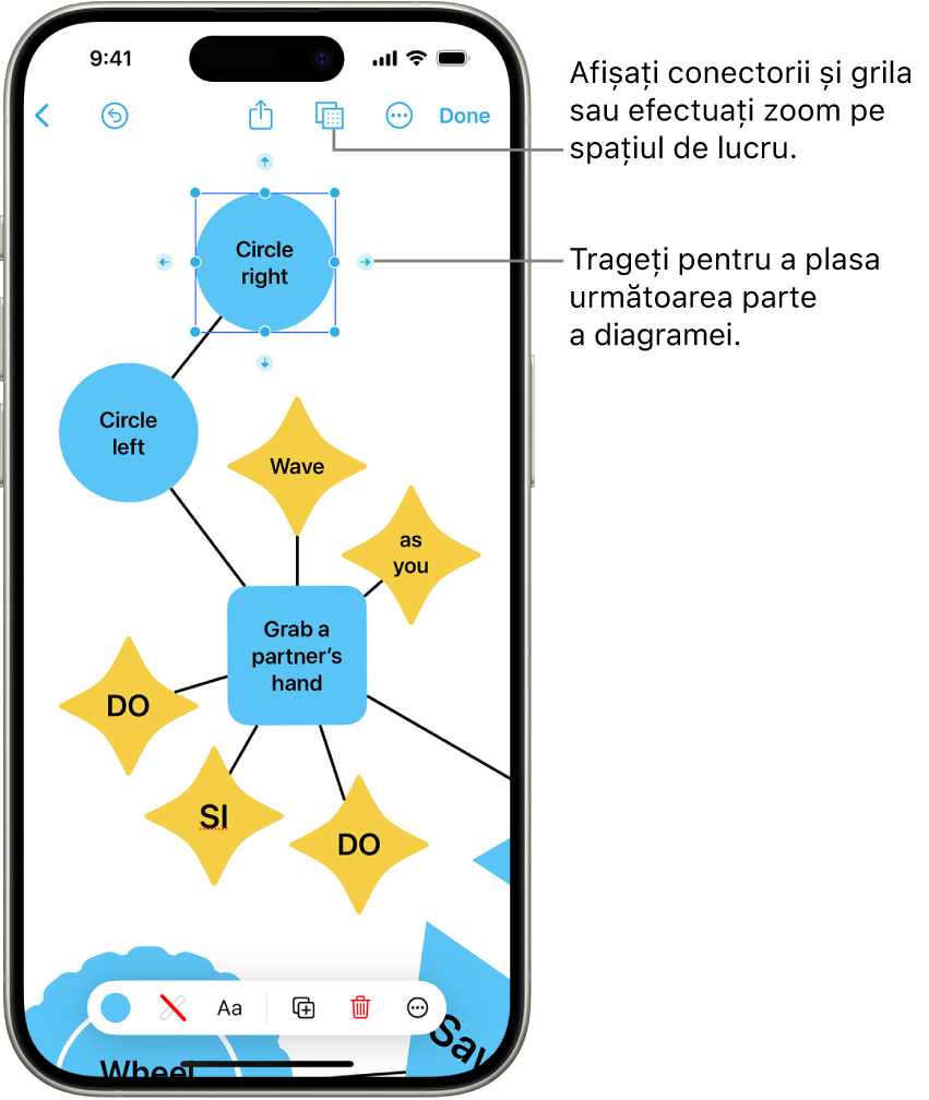 O diagramă dintr-un panou Freeform, cu conectori vizibili pe o formă selectată și instrumentele de formatare a formei vizibile în partea de jos a ecranului.